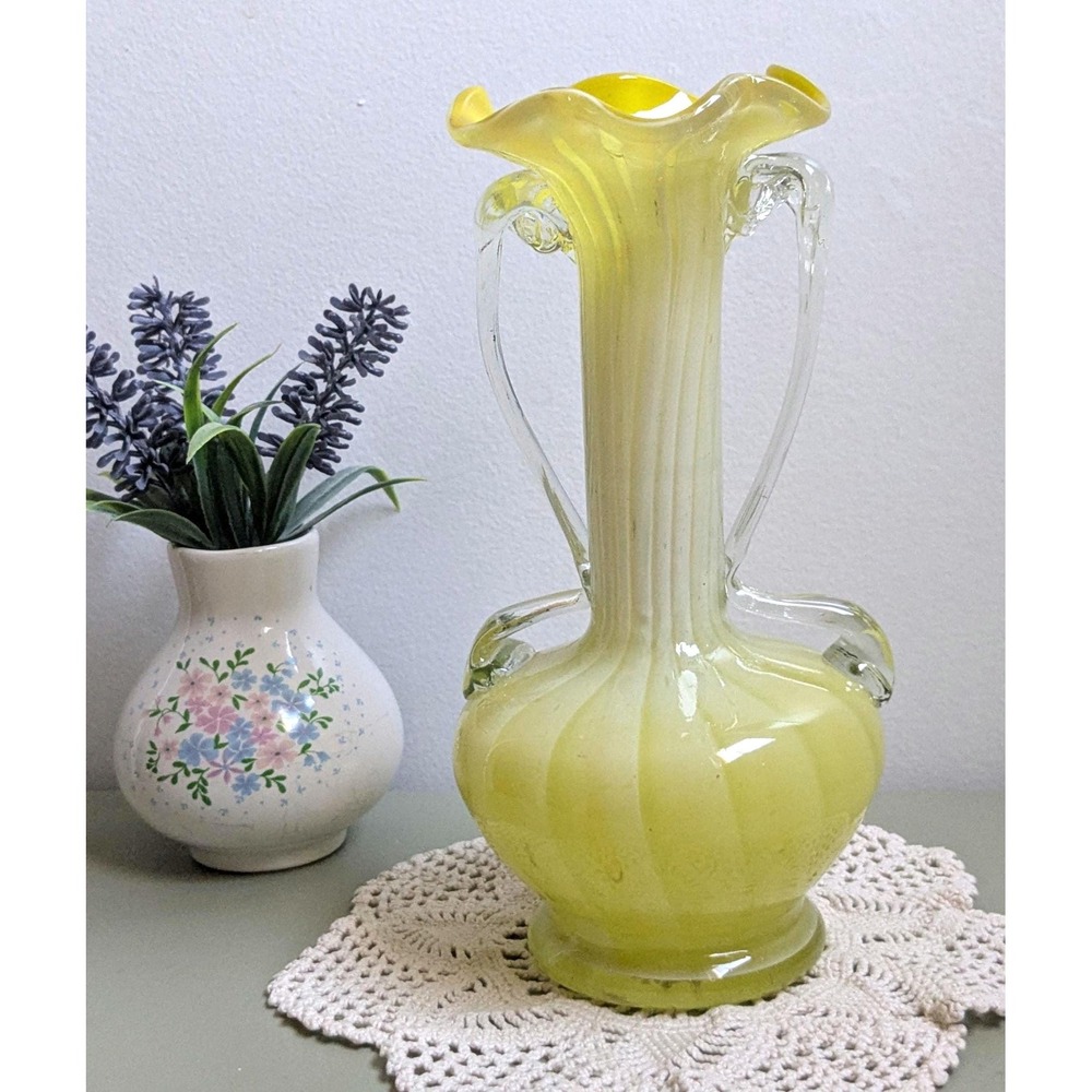 Vintage Yellow Opalescent Art Glass Vase Double Handle Ruffled Rim 8.5 Inch